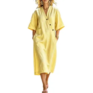 Robe midi décontractée col V manches courtes boutonnée avec poches pour femmes été élégante