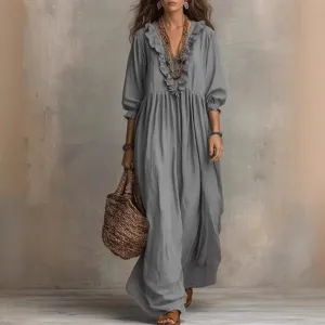 Casual loose striped V-neck long sleeve maxi dress with ruffles for women daily wear.