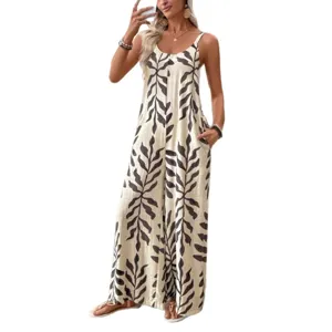 Women tropical leaf print V neck pocket jumpsuit casual sleeveless wide leg romper