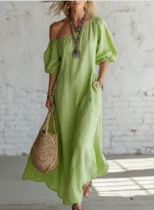 Casual off-shoulder puff sleeve maxi dress for women, stylish green cotton resort long dress.