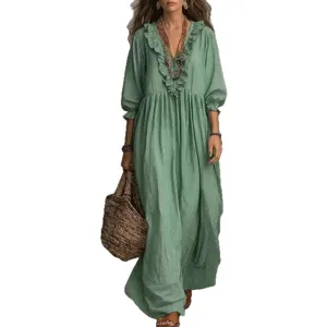 Green striped V-neck long sleeve maxi dress with ruffles and high waist casual design.