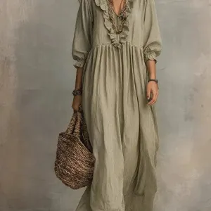 Casual striped v-neck long sleeve ruffle maxi dress for women, elegant high waist daily wear.