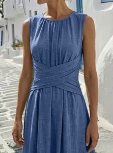 Elegant blue sleeveless maxi dress with chic crossover pleated waist details for summer.
