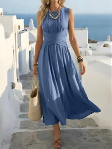 Elegant blue sleeveless maxi dress with wrap waist, perfect for summer vacation and daily wear.