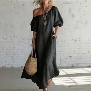 Off Shoulder Puff Sleeve Maxi Dress For Women Elegant Solid Color Cotton Flared Hem Vacation Ruched Long Dresses Casual Holiday Gown