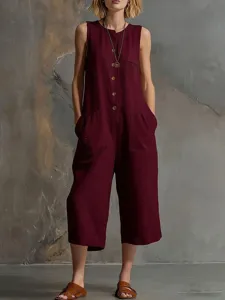 Combinaison sans manches en lin avec boutons et poches pour femme style retro casual ete.