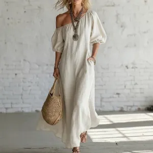Women off shoulder puff sleeve loose casual linen maxi dress elegant resort wear beige gown