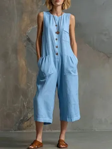 Combinaison sans manches en lin pour femme, élégante tenue ample et décontractée d'été.