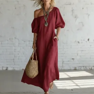 Women Off Shoulder Puff Sleeve Maxi Dress Casual Loose Long Dress Holiday Beachwear