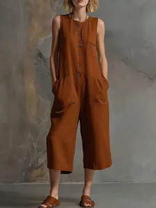 Combinaison sans manches cropped à jambes larges pour femme, style lin rétro décontracté.