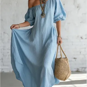 Casual off-shoulder puff sleeve long dress, loose cotton vacation maxi dress for women