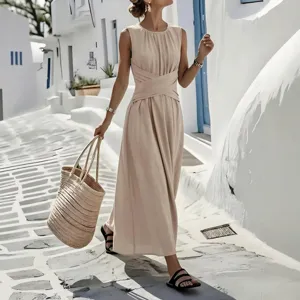 Elegant Women's Sleeveless Round Neck Maxi Dress Summer Plain Waist Tie Long Dress For Vacation Casual Solid Color Polyester Spandex A-Line Gown