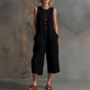Combinaison décontractée sans manches en lin pour femmes, jambes larges et style chic.