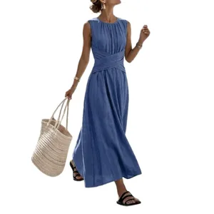 Women's blue sleeveless maxi dress casual round neck cinched waist summer long dress