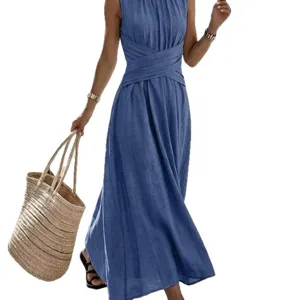 Blue sleeveless maxi dress for women, elegant round neck summer long dress with waist crossover.