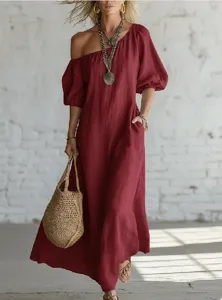 Maroon off-shoulder puff sleeve long dress, loose cotton vacation dress with pockets.