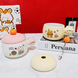 Cute cartoon ceramic mug with lid and spoon, creative bear and rabbit animal design cup for gift.