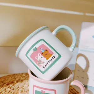 Cute cartoon couple ceramic mug with lovely bear and rabbit pattern for morning coffee 300ml