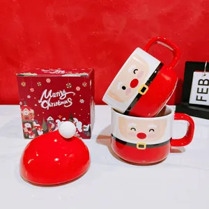 Christmas Santa Claus ceramic mug with lid festive holiday milk coffee cup cute gift set.