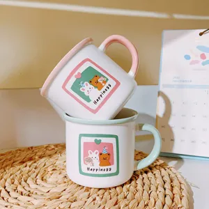 Ins style cute cartoon couple ceramic mug with bear and bunny pattern, pink and green handle.