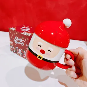 Christmas Santa Claus Ceramic Mug With Lid Cute Cartoon Holiday Milk Coffee Cup Festive Gift Drinkware