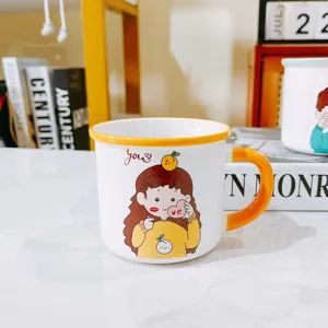 Cute ceramic coffee mug detail, cartoon girl pattern, yellow rim handle, daily drink cup.