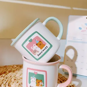 Cute ceramic coffee mug set with adorable bear and rabbit illustration for couples and daily use.