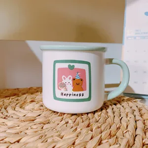 Cute cartoon ceramic mug with bear and rabbit design, ideal couple breakfast cup gift.