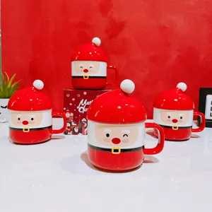 Christmas Santa ceramic mug with lid, cute red coffee cup, festive holiday gift drinkware.