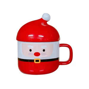 Christmas Santa Claus ceramic mug with lid cute cartoon red coffee milk cup main view