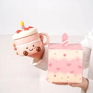 Cute birthday cake ceramic mug with lid and matching gift box, pink sweet breakfast milk cup.