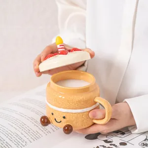 Cute ceramic dessert mug with candle lid, creative cartoon coffee milk cup for birthday gift.