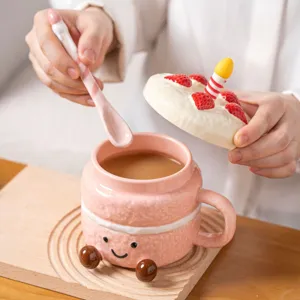 Pink cake ceramic mug with strawberry lid and spoon, cute breakfast coffee cup for gift.