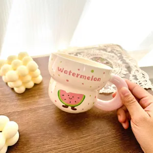 Cute ceramic coffee mug with watermelon design pink handle breakfast milk cup for women gifts