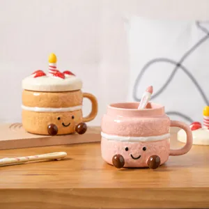 Cute ceramic cake mug with lid and spoon, creative dessert coffee cup for birthday gifts.