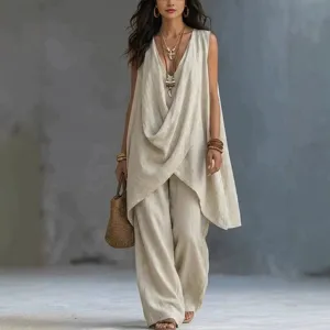 Beige sleeveless draped top and wide leg pants set stylish linen blend beach outfit main view