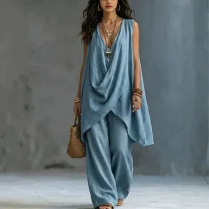 Women's Summer Casual Sleeveless Top and Wide Leg Pants Set Beach Fashion Outfit