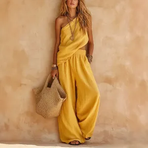 Women's Casual One Shoulder Sleeveless Top And Wide Leg Pants Outfits Solid Color Streetwear Summer Apparel