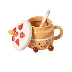 Cute ceramic cake mug with lid and spoon, sweet dessert coffee cup for daily morning use.