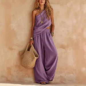 Women One-Shoulder Linen Two-Piece Set Casual Wide-Leg Pants Summer Beach Vacation Outfit