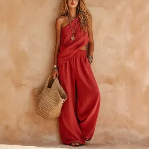 Women one-shoulder two-piece casual set with wide leg pants and cotton linen fabric.