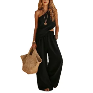 Women two-piece set one shoulder top wide leg pants casual outfit linen summer fashion