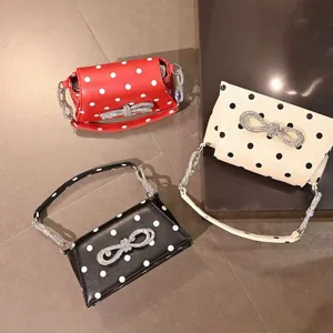 Modische Pünktchen Umhängetasche mit funkelnder Strass-Schleife, elegante Damen Schultertasche.