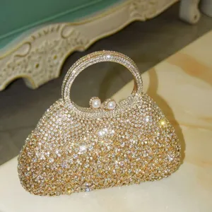 Sac de Soirée Strass de Luxe Poignée Ronde Métallique Fermoir Perle Clutch Élégant Femmes Banquet Fête Sac à Main