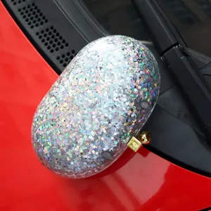 Silver glitter oval acrylic clutch bag with gold clasp, stylish evening party hard shell purse.