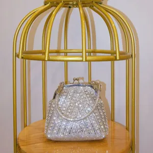 Detailed view of sparkly rhinestone striped evening clutch bag, exquisite mini metallic handle.