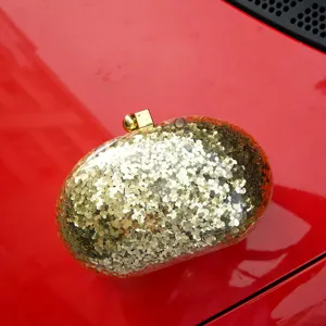Gold glitter acrylic evening clutch bag oval minaudiere banquet shoulder handbag party