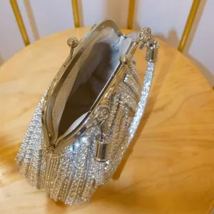 Silver rhinestone evening bag detail, sparkling crystal clutch with metallic kiss-lock frame.