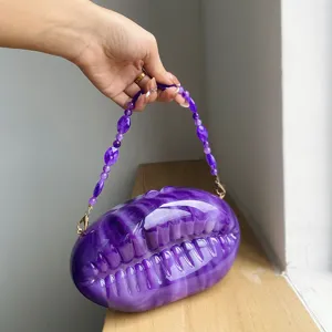 Elegant purple acrylic evening clutch with beaded chain strap unique shell design stylish bag.