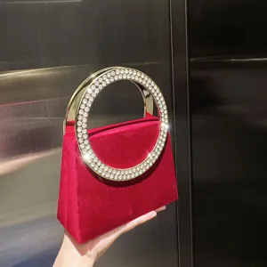 Rote Samt Abendhandtasche mit glitzerndem Strass Rundgriff, elegante modische Handtasche.